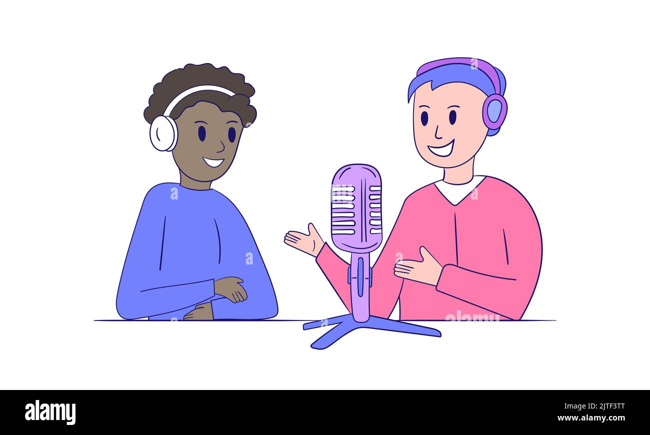 Due uomini che parlano di live streaming. Concetto di podcast in studio. Persone in cuffia su intervista, trasmissione, registrazione audio. Neri e bianchi Illustrazione Vettoriale