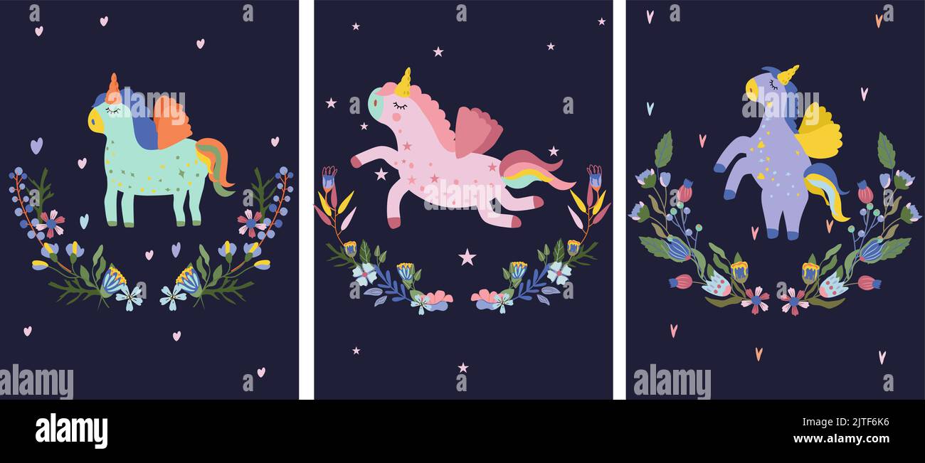 Sfondo con simpatico unicorno in corona di fiori e foglie brillanti. Fata Unicorno, può essere utilizzato come la creazione di carte, banner, compleanno e altre vacanze. Illustrazione vettoriale. Illustrazione Vettoriale