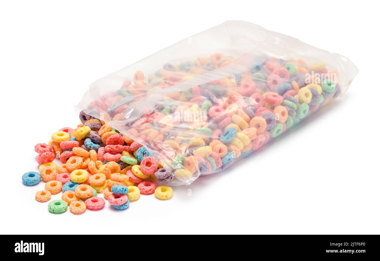 Apri il sacchetto di frutta cereali ritagliati sul bianco. Foto Stock