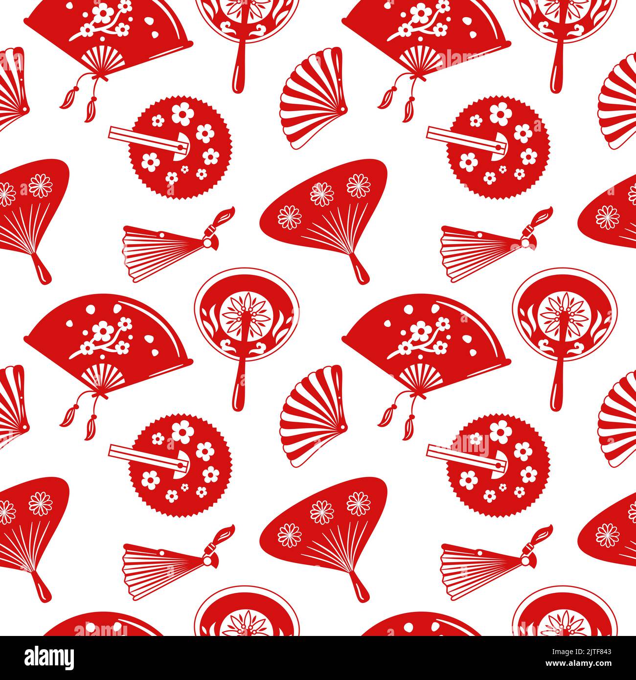 Modello senza cuciture per i ventilatori a mano. Accessori di carta moda orientale con silhouette rossa. Cultura oggetti antichi. Diversi disegni cinesi oggetti. Tradizionale Illustrazione Vettoriale