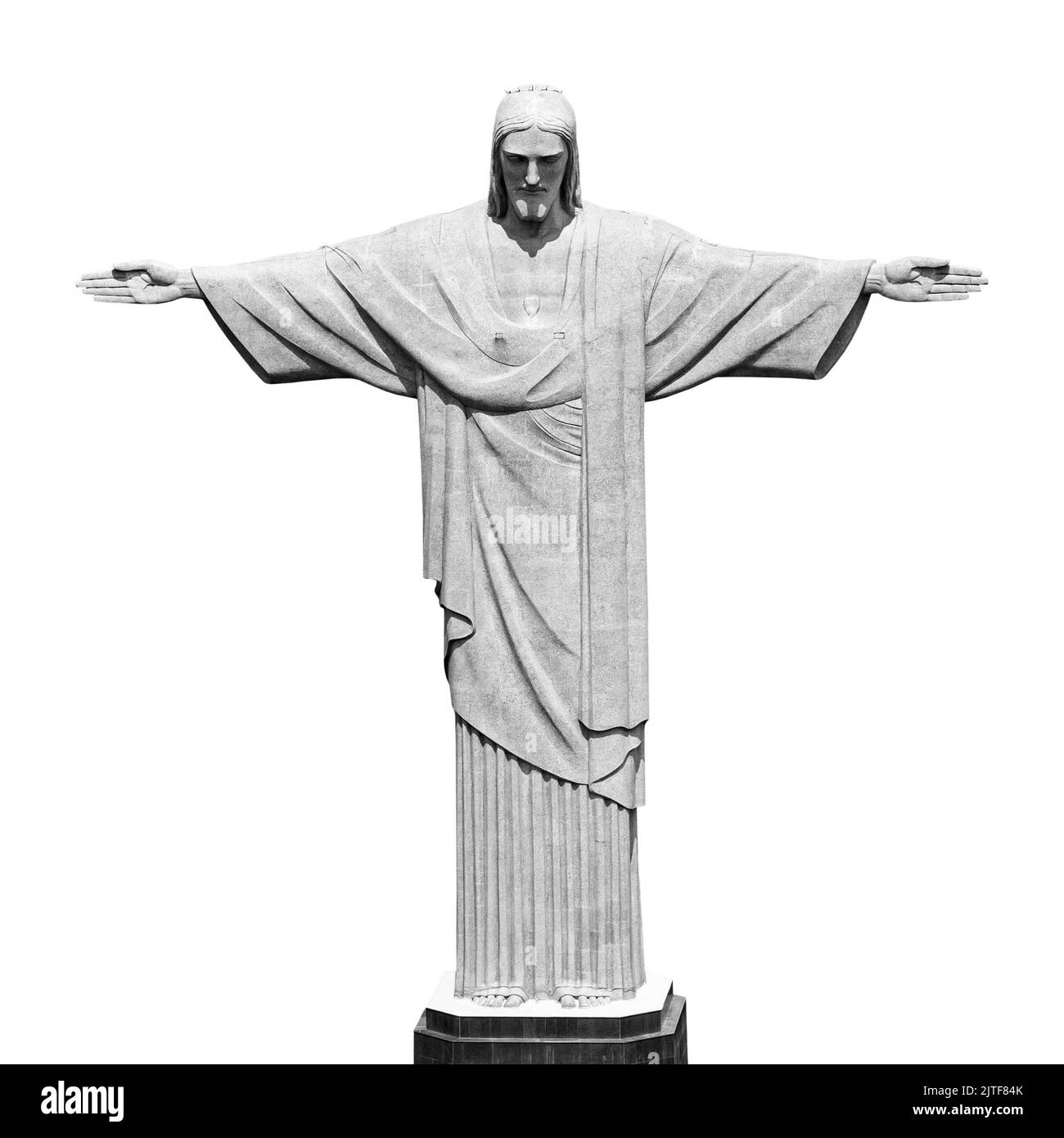 Cristo Redentore statua di Gesù Cristo a Rio de Janeiro, Brasile, vista frontale in bianco e nero isolato su immagine bianca Foto Stock