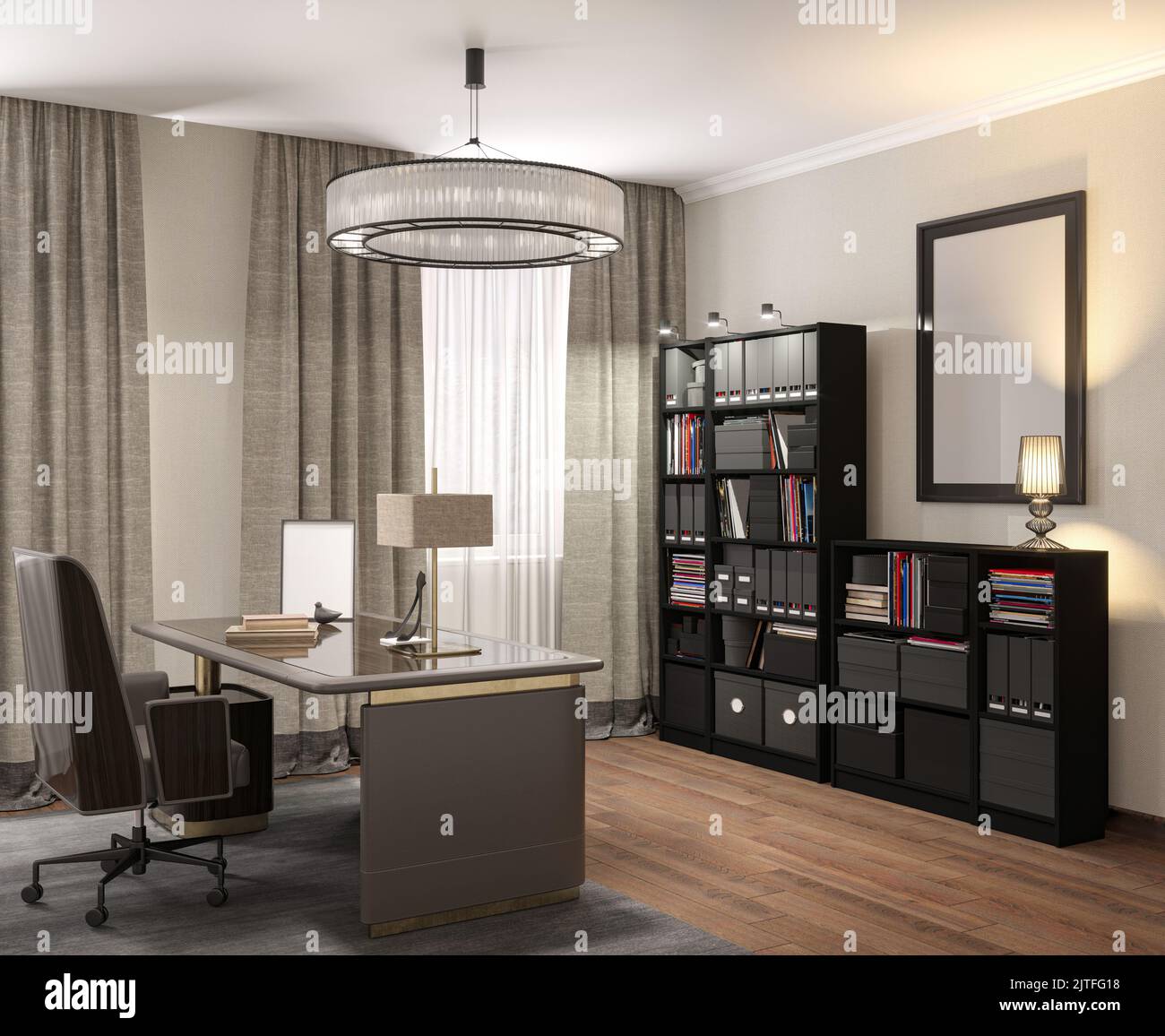 illustrazione 3d. Accogliente soggiorno interno. Lavoro remoto e lavoro da casa. Ufficio domestico. Foto Stock