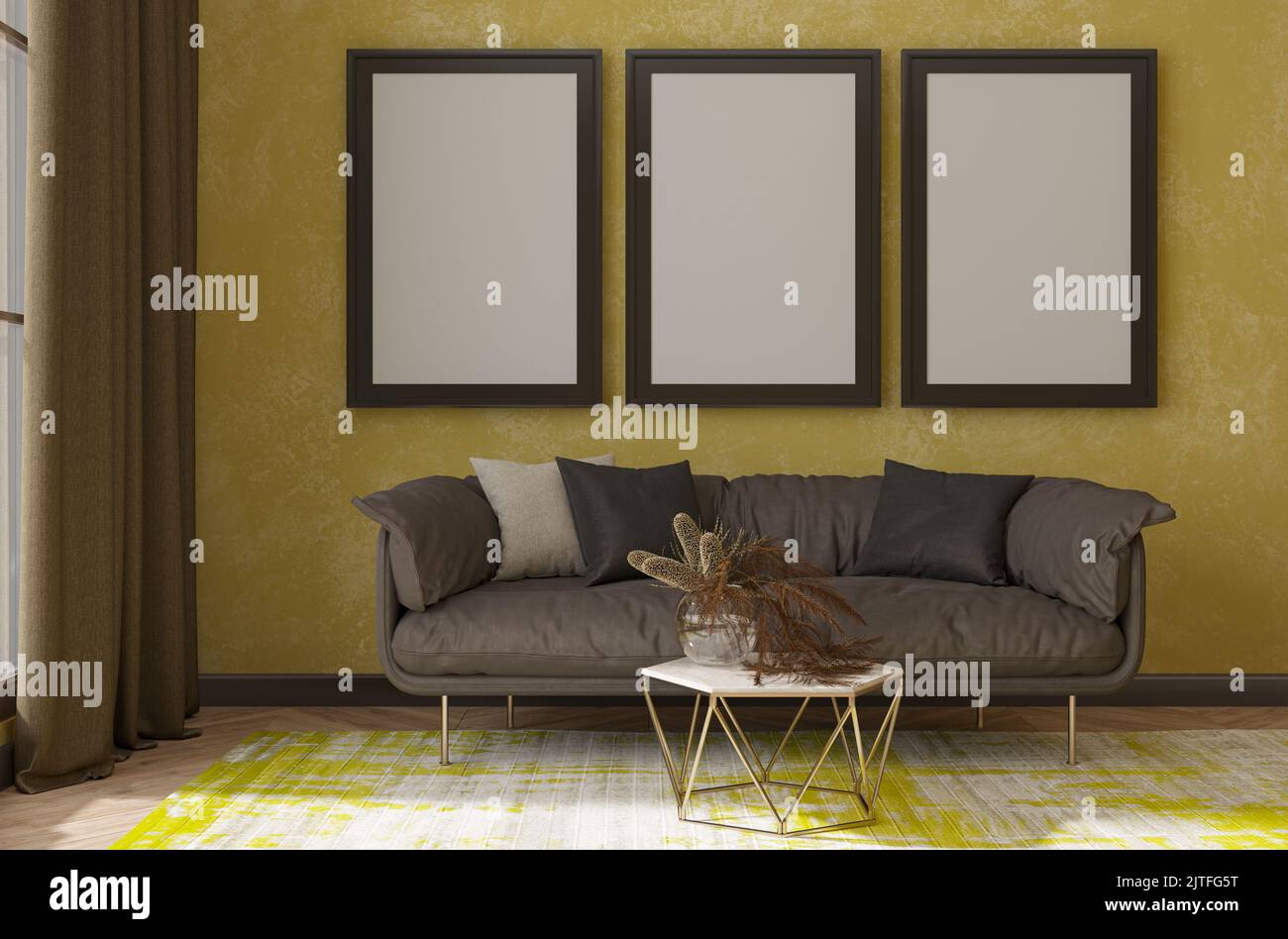 divano nel soggiorno con finestra, quadro e moquette, parete gialla. rendering 3d Foto Stock