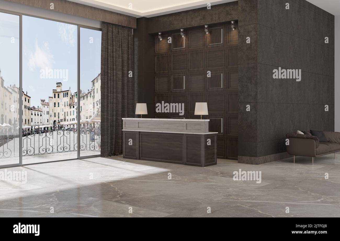 3d rendering di interni moderni per ufficio. Hall con reception. Hall moderna con tavolo da ricevimento e vista sulla città. illustrazione 3d. Foto Stock