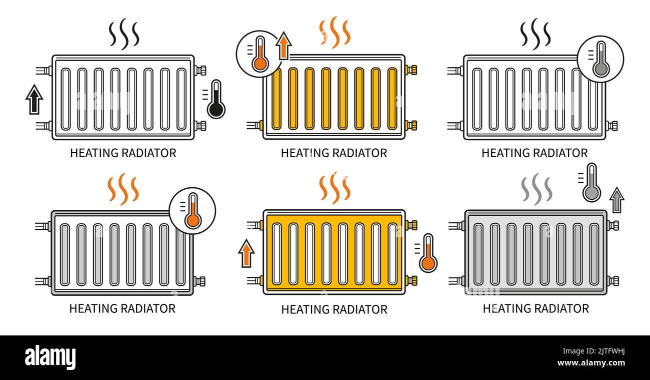 Batteria del radiatore di riscaldamento, riscaldatore a parete, impianto di riscaldamento centrale, icona della linea di convettore dell'olio. Elettrico, acqua calda pannello, termico casa vettore Illustrazione Vettoriale