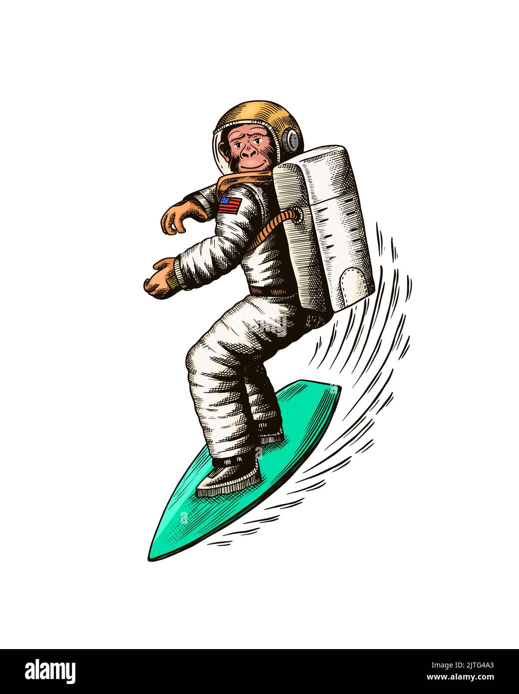 L'astronauta delle scimmie corre su una tavola da surf. Scimpanzé spaceman surfrider. Carattere cosmonauta. Animale alla moda. Vecchia linea di schizzo monocromatica disegnata a mano Illustrazione Vettoriale