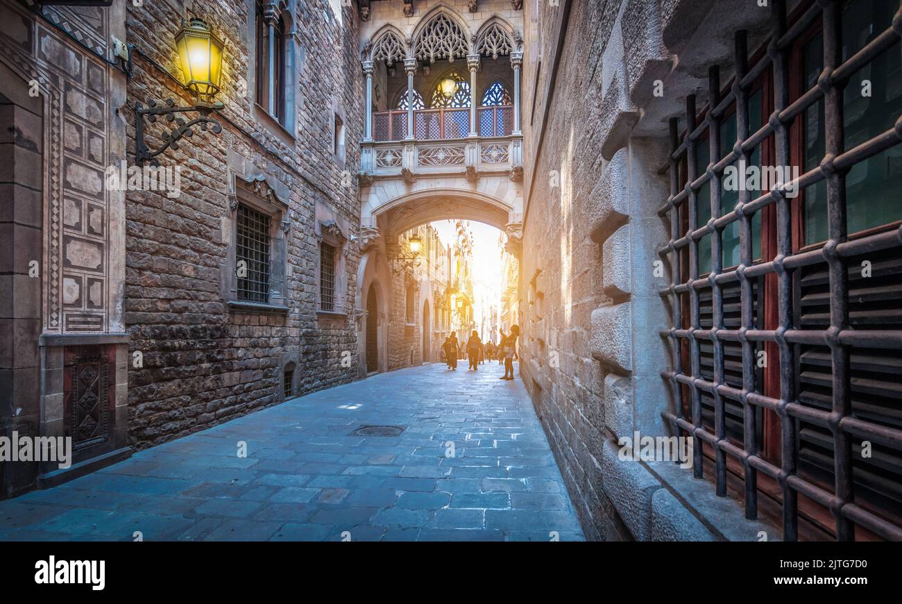 Strada stretta con popolare ponte nel quartiere Gotico al crepuscolo, Barcellona Spagna. Foto Stock