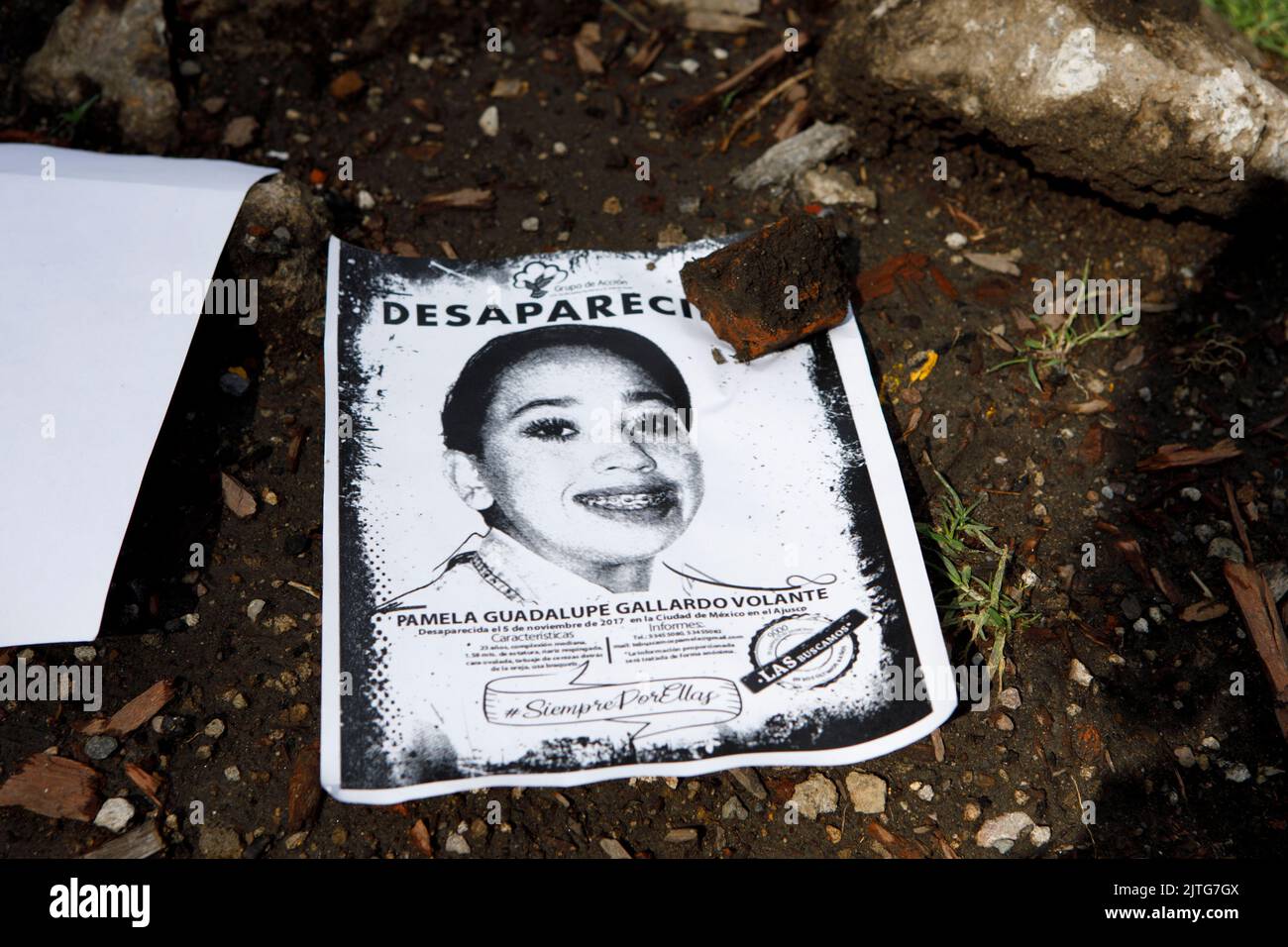 Mexiko Stadt, Messico. 30th ago, 2022. Una foto della giovane Pamela Guadalupe Gallardo volante si trova sul terreno con immagini di altre vittime durante un rally il giorno del scomparso, noto anche come Giornata Internazionale delle vittime di sparizione forzata. Circa 100.000 persone sono considerate scomparse in Messico. Le bande criminali sono responsabili della maggior parte della violenza. La maggior parte degli atti non sono mai risolti. Credit: Jacky Muniello/dpa/Alamy Live News Foto Stock