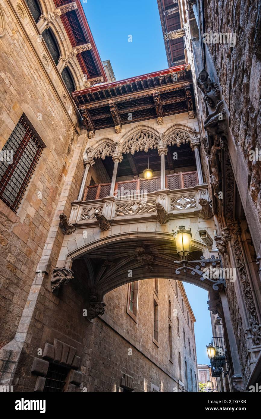 Ponte vescovile al crepuscolo, quartiere Gotico, Barcellona Spagna. Foto Stock