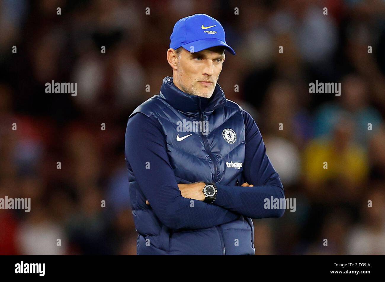 Il manager del Chelsea Thomas Tuchel appare frustrato durante la partita della Premier League al St Mary's Stadium, Southampton. Data immagine: Martedì 30 agosto 2022. Foto Stock