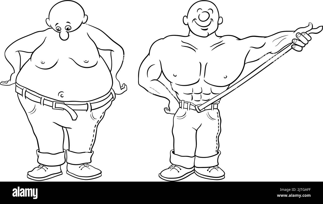 Cartoon bianco e nero umoristico illustrazione di uomo felice uomo felice perdendo peso colorazione pagina Illustrazione Vettoriale