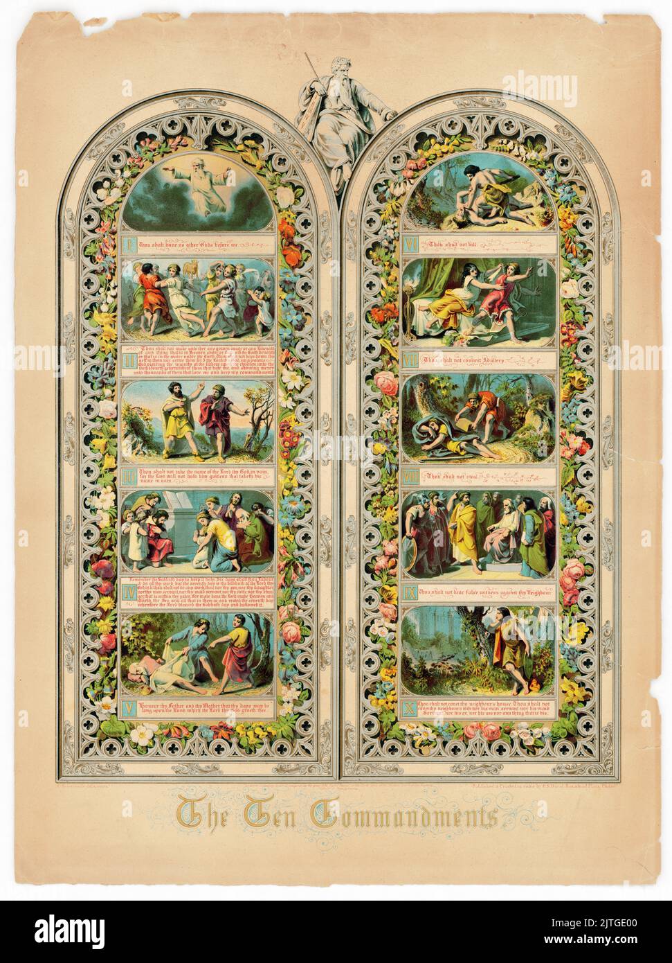 Stampa mostra due pannelli che rappresentano le tavole contenenti i dieci Comandamenti con la scena illustrata sopra il testo per ogni comandamento; con Mosè seduto in alto. Duval, Peter S., 1804 o 1805-1886, litografo - Schussele, cristiano, 1826-1879, artista. Pubblicato e stampato a colori da P.S. Duval, Ranstead Place, c 1851. Foto Stock