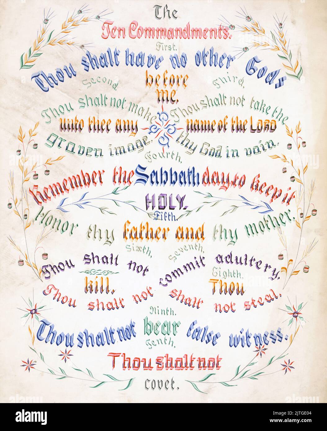 Stampa dei dieci Comandamenti - il disegno calligrafico trasmette i dieci Comandamenti con fiori fioriti - Coaley, John Morgan, artista 1889. Foto Stock