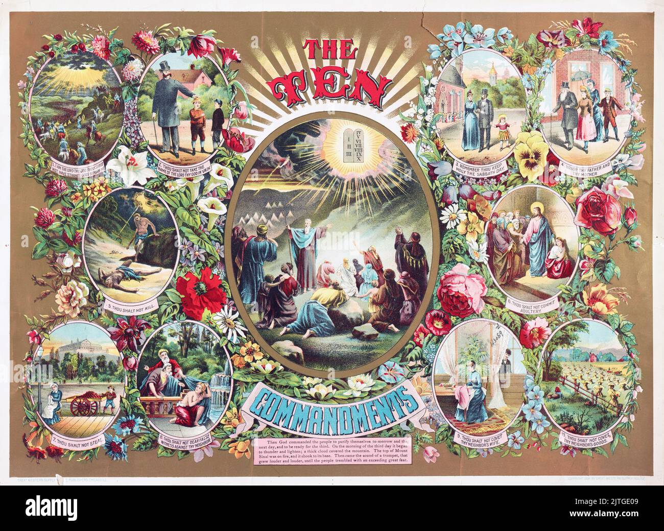 La stampa mostra scene che illustrano i dieci comandamenti. Chicago, Illinois. -Great Western Supply House, editori, 1894 Foto Stock