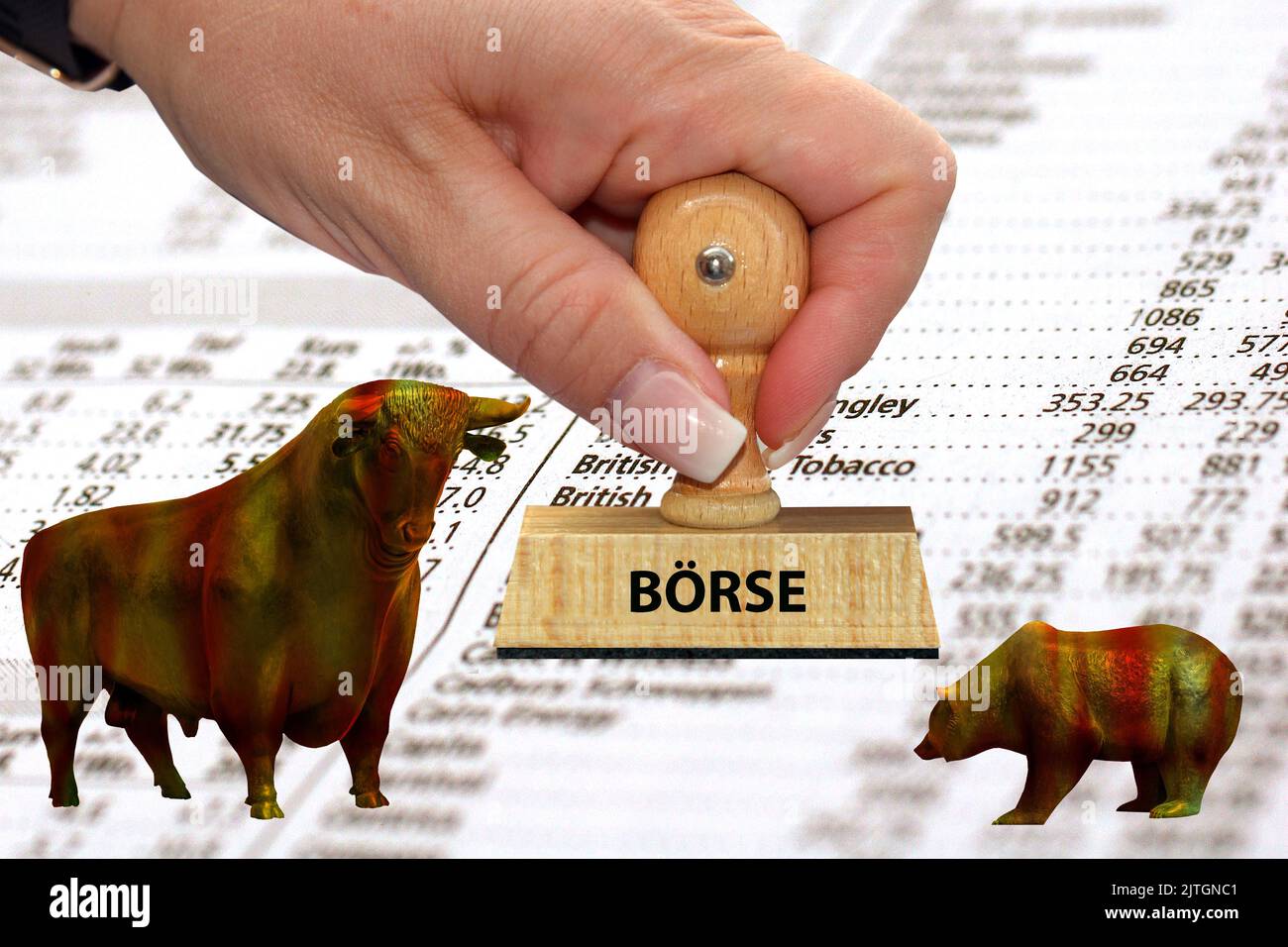 Francobollo 'Borsa, Boerse', toro e orso davanti al giornale con i prezzi delle azioni Foto Stock