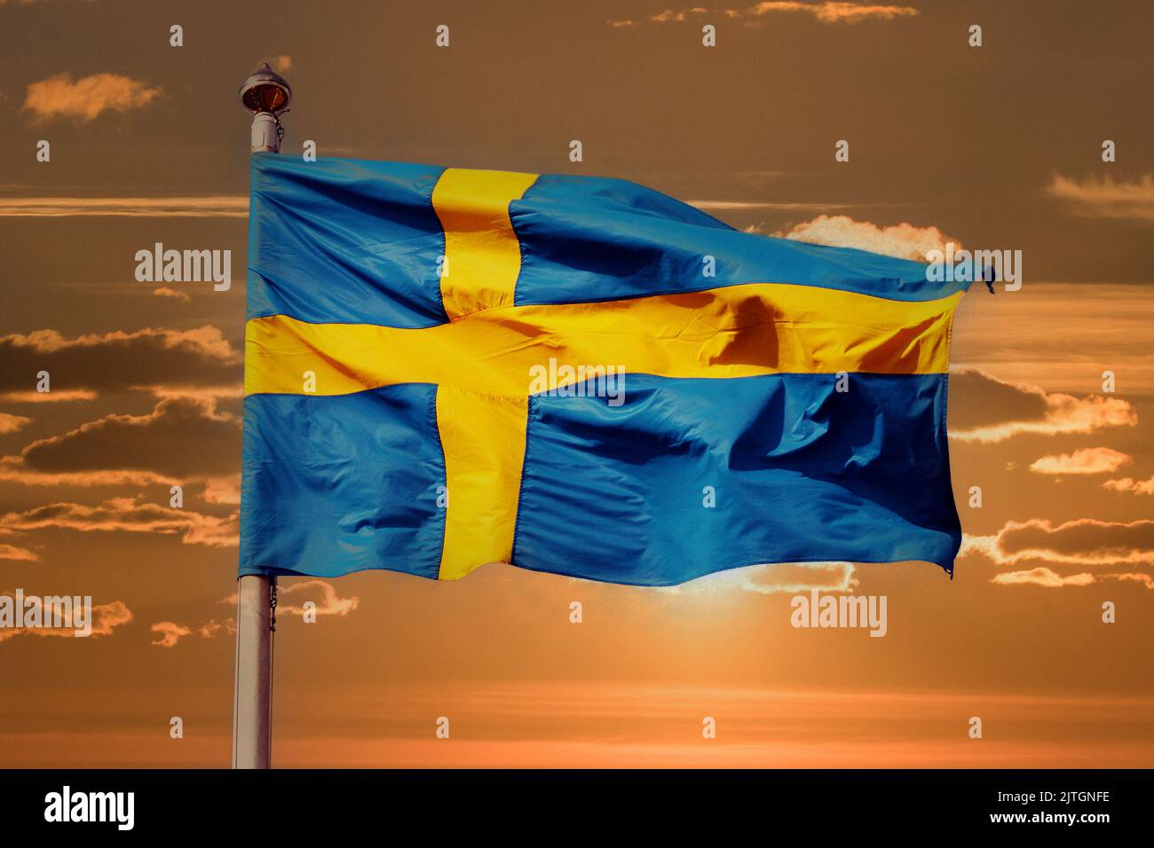 Bandiera svedese di fronte al tramonto, composizione, Svezia Foto Stock