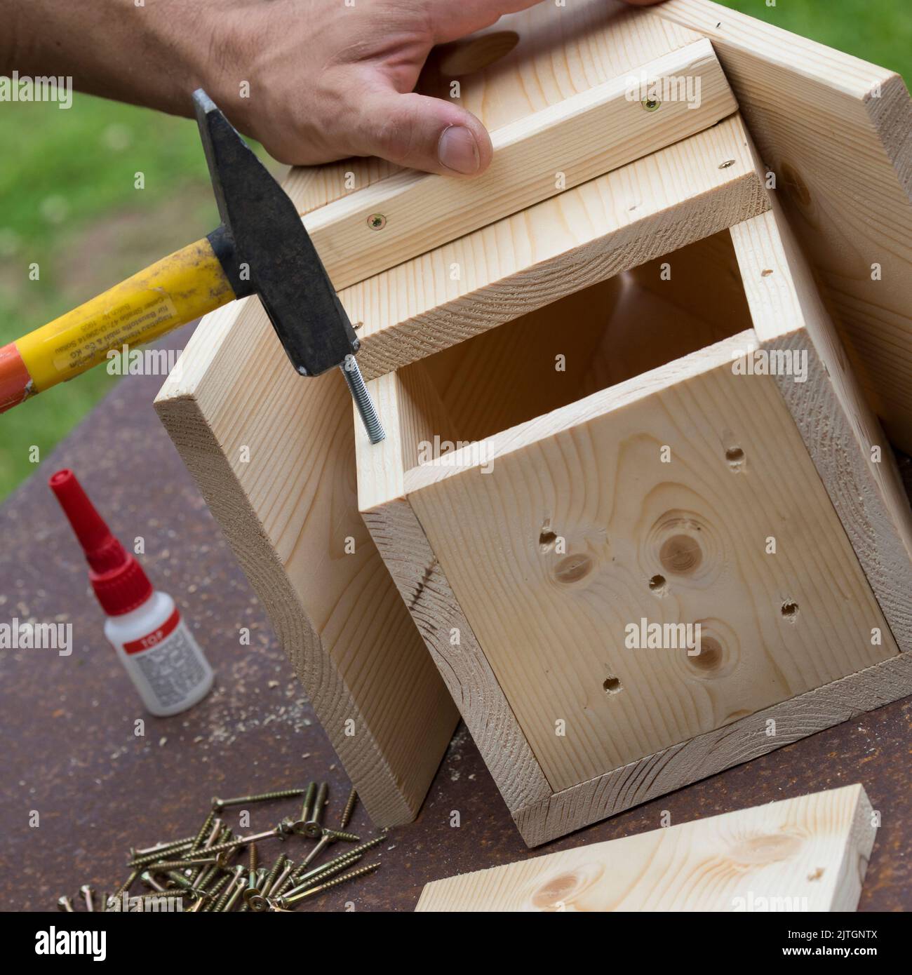 serie di scatole nest, passo 9/13: incollare le aste filettate nei fori delle parti laterali con colla super Foto Stock