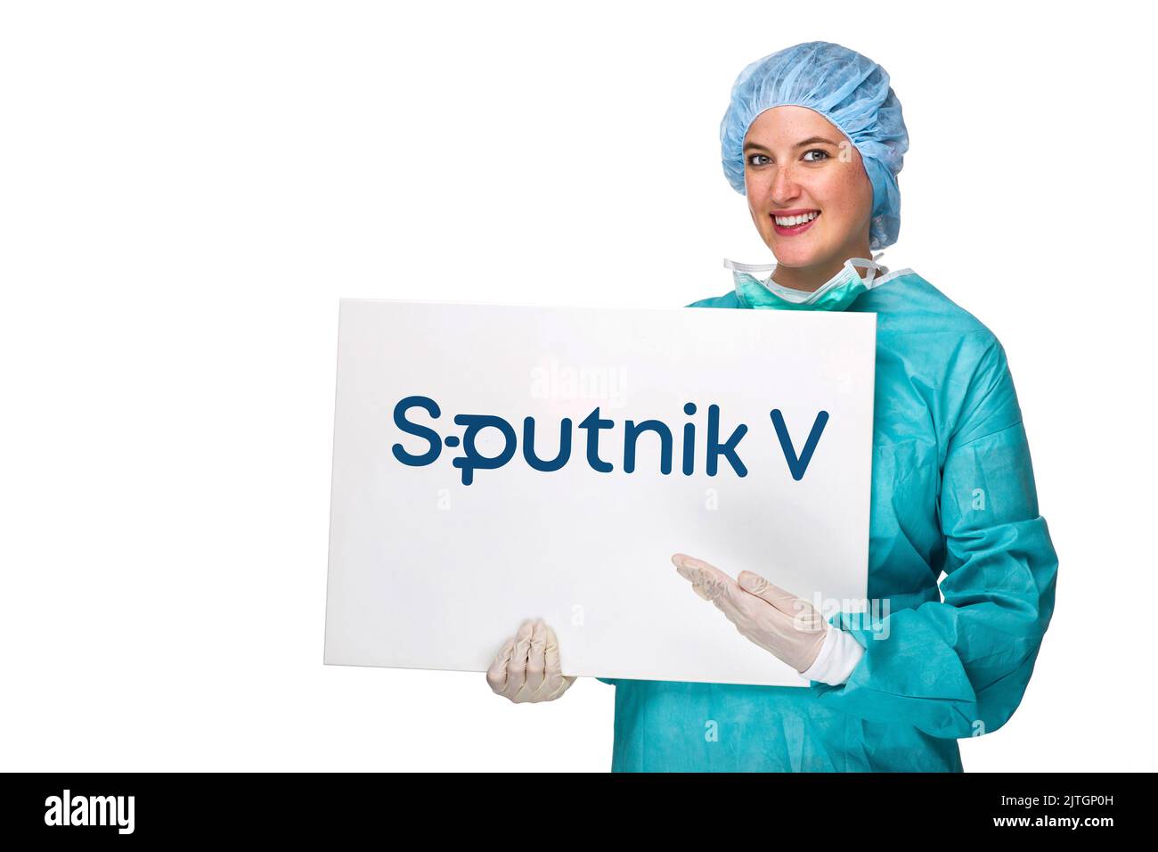 Medico che presenta il segno del produttore di vaccini Sputnik V. Foto Stock