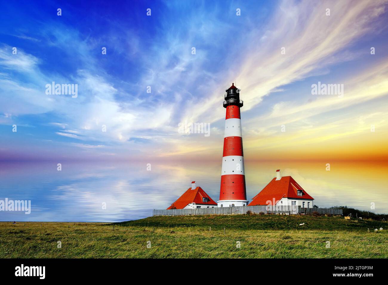 Faro di Westerhever vicino a St. Peter Ording, Germania, Schleswig-Holstein, Westerhever Foto Stock