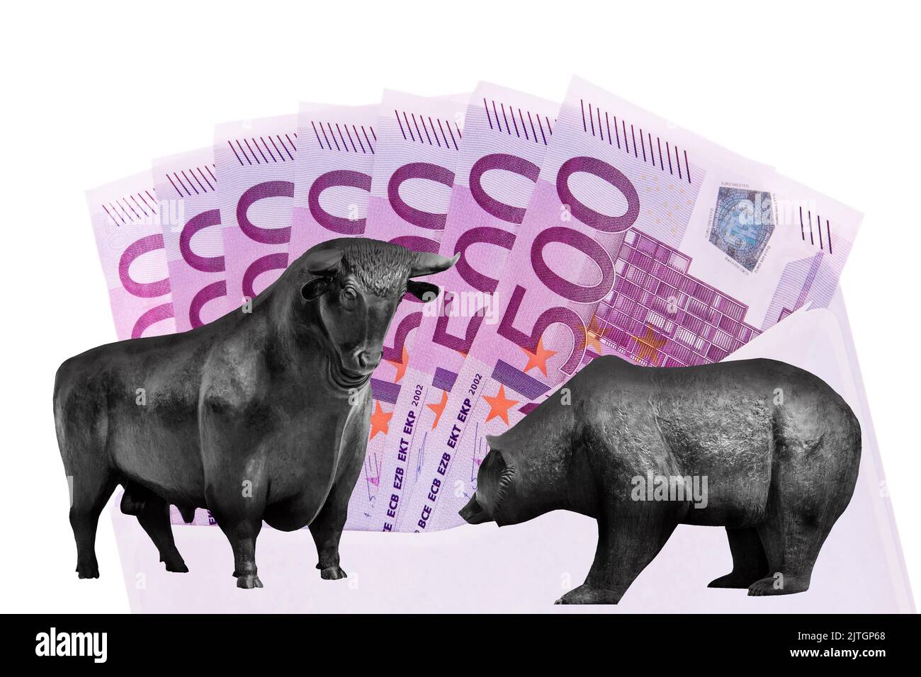 Cifre simboliche della borsa, toro e orso in piedi davanti a 500 euro fatture Foto Stock