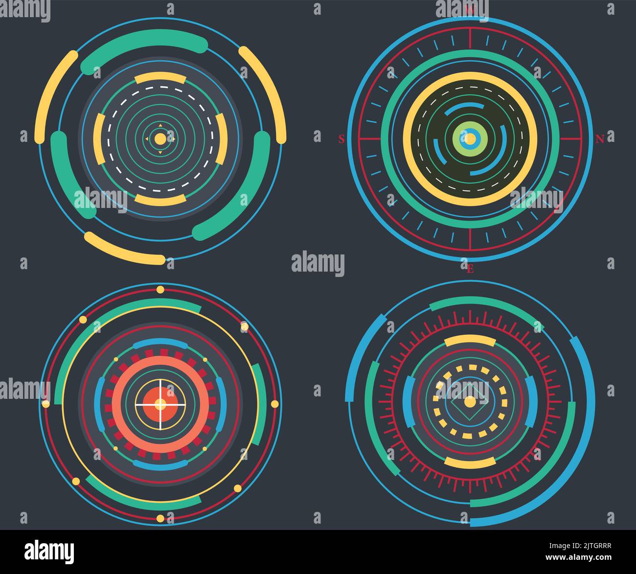 Una serie di elementi circolari per le infografiche dei dati utente moderni Sci Fi su sfondo grigio Illustrazione Vettoriale