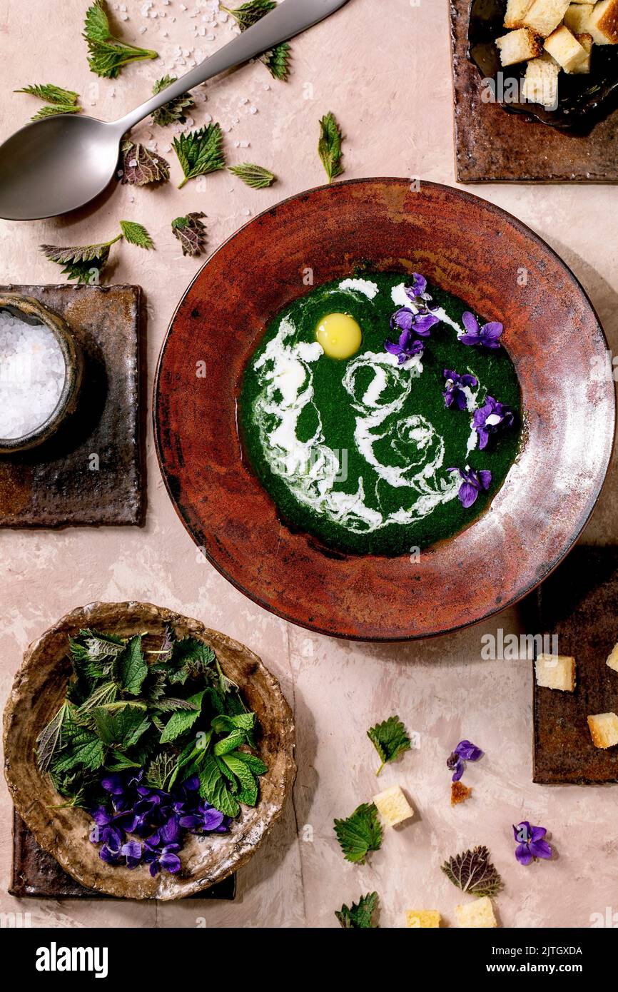 Piatto di zuppa di purea di ortica primaverile, servito con tuorlo di quaglia, fiori di violette, crema, crostini e giovani foglie di ortica su piastrelle di ceramica marrone. P Foto Stock