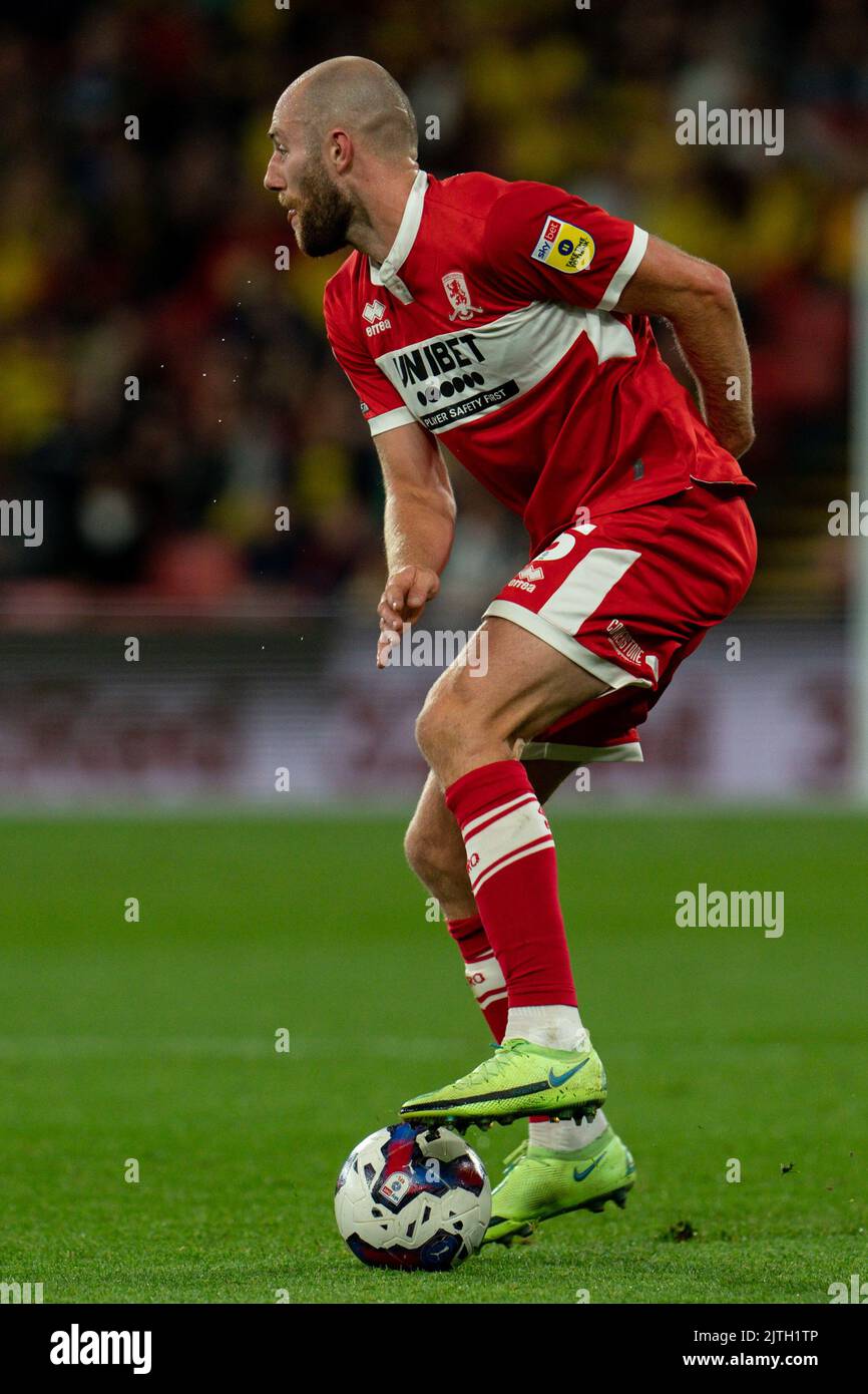 Watford, Regno Unito. 30th ago, 2022. Matthew Clarke #5 di Middlesbrough a Watford, Regno Unito il 8/30/2022. (Foto di Richard Washbrooke/News Images/Sipa USA) Credit: Sipa USA/Alamy Live News Foto Stock