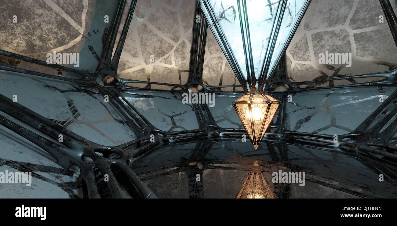 futuristico cristallo luminoso in dark fantasy cyber ambiente 3d rendering illustrazione dark futuro fantascienza fantasy design ambiente alieno sfondo back Foto Stock
