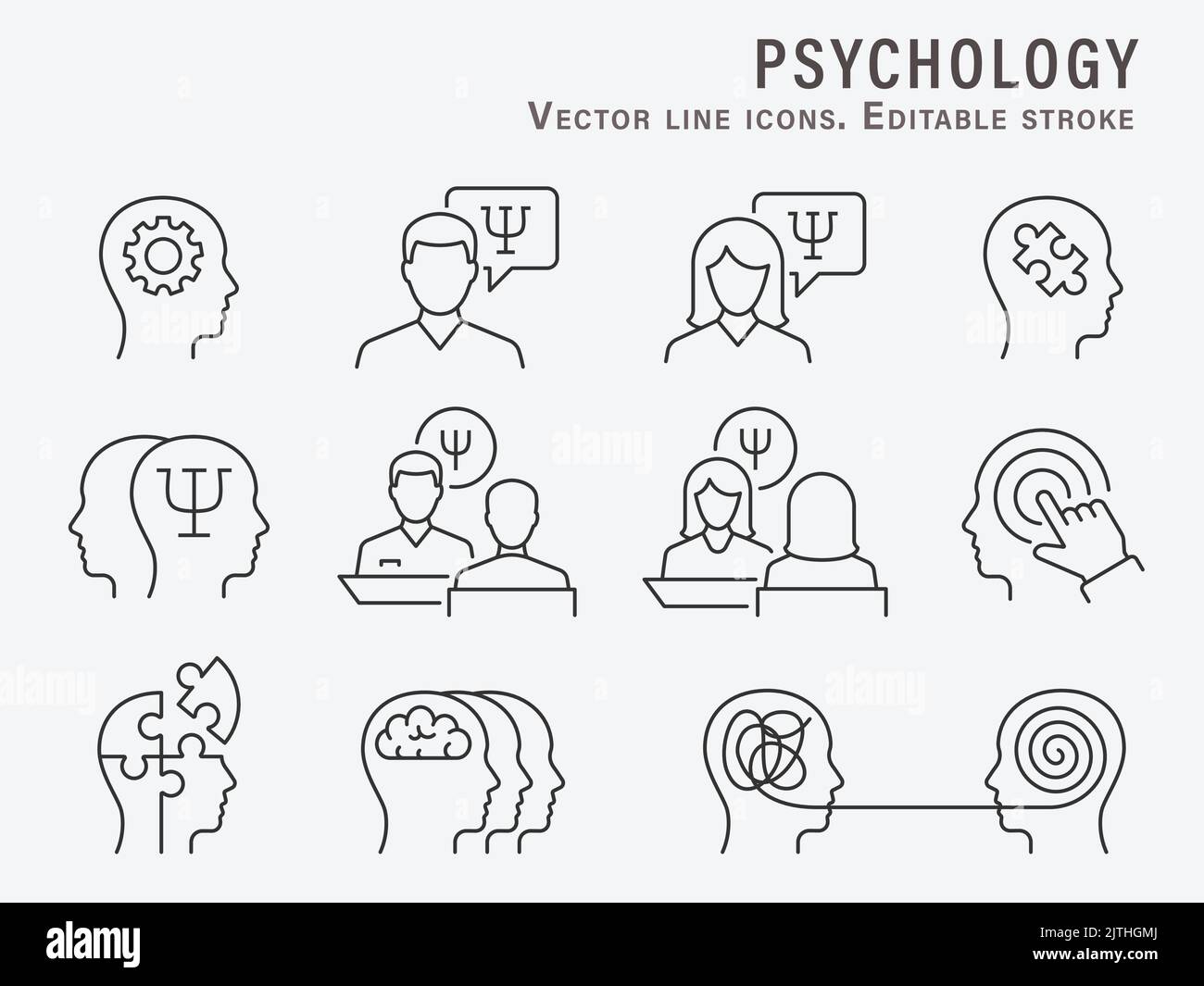 Icone psicologiche, come cervello, terapia, psicologo, depressione e altro ancora. Tratto modificabile. Illustrazione vettoriale. Illustrazione Vettoriale