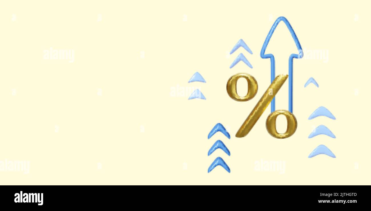 Banner Gold Percent e Blue Arrow Growth Up. Simbolo percentuale del concetto aziendale con elemento frecce. Illustrazione di economia e finanza. Vettore Illustrazione Vettoriale