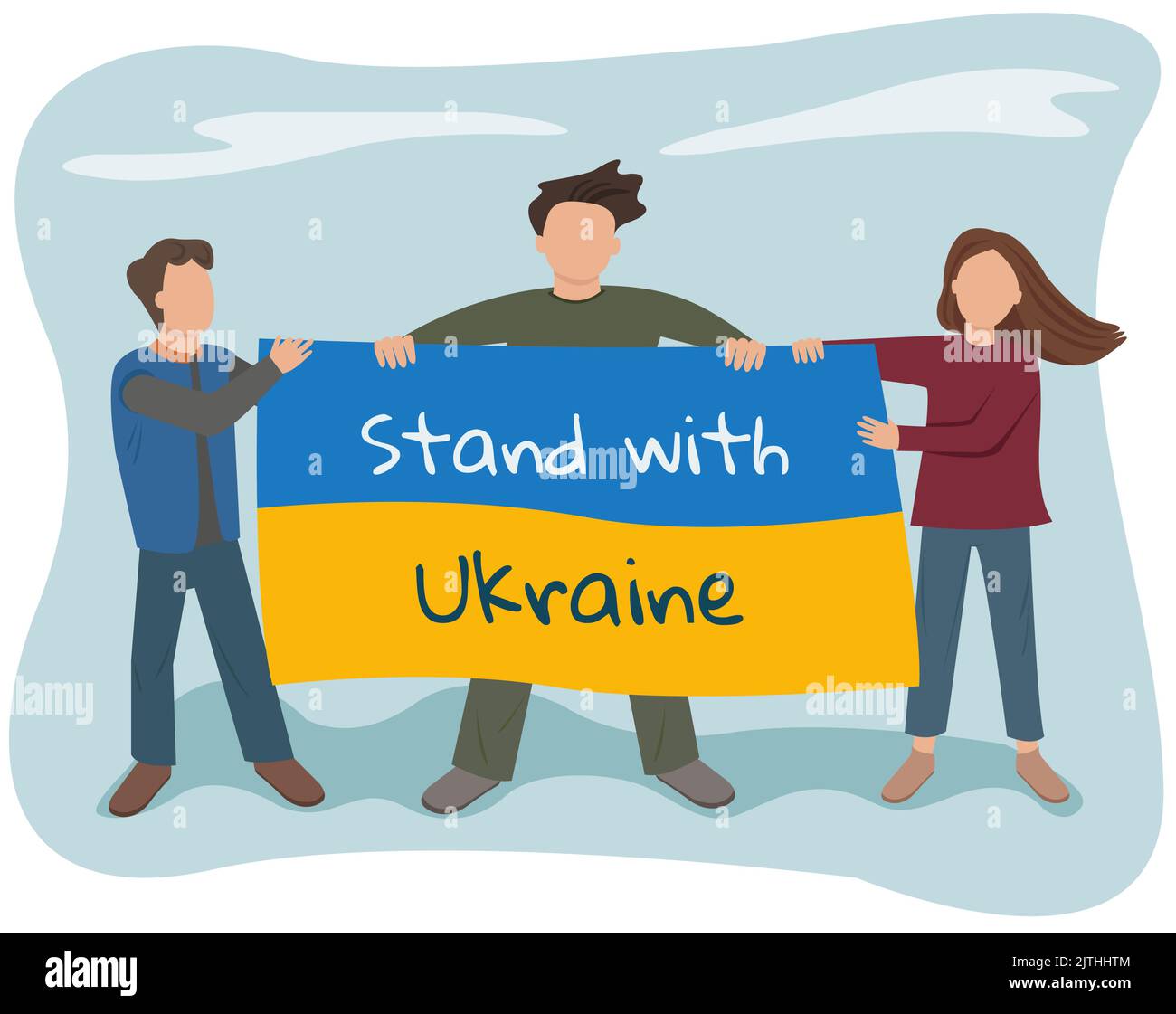 Gruppo di persone con bandiera Ucraina. Stare con l'Ucraina. Illustrazione piatta vettoriale. Illustrazione Vettoriale