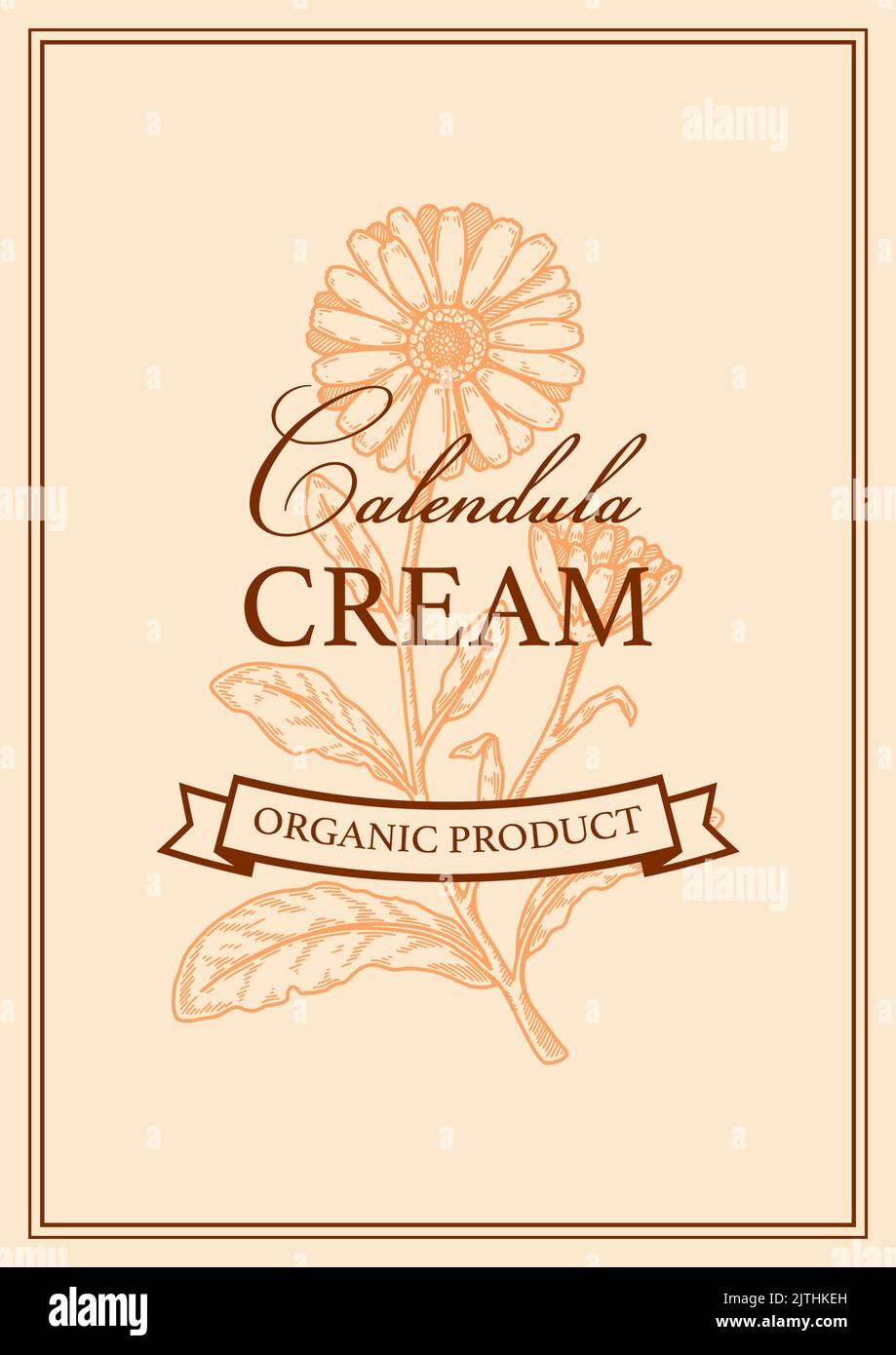 Design del packaging in calendula con elementi disegnati a mano. Illustrazione vettoriale nello stile di schizzo Illustrazione Vettoriale