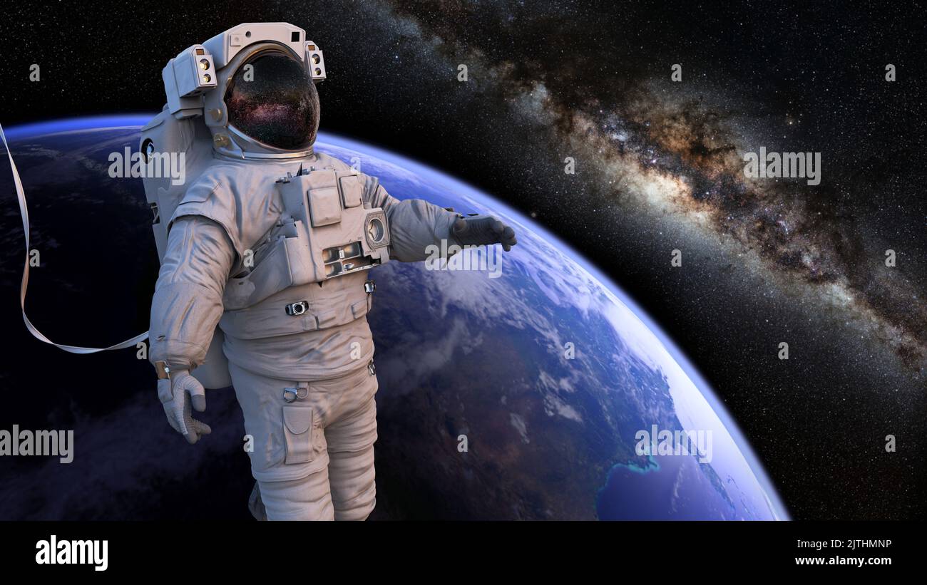 Astronauta durante la gesso spaziale in orbita terrestre (3D Science render) Foto Stock