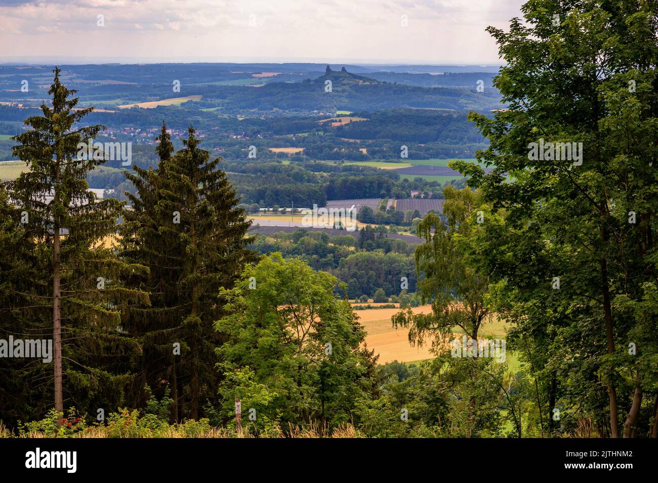 Rovine del castello medievale di Trosky dalla foresta sulla collina Varta, Paradiso ceco, repubblica Ceca. Foto Stock