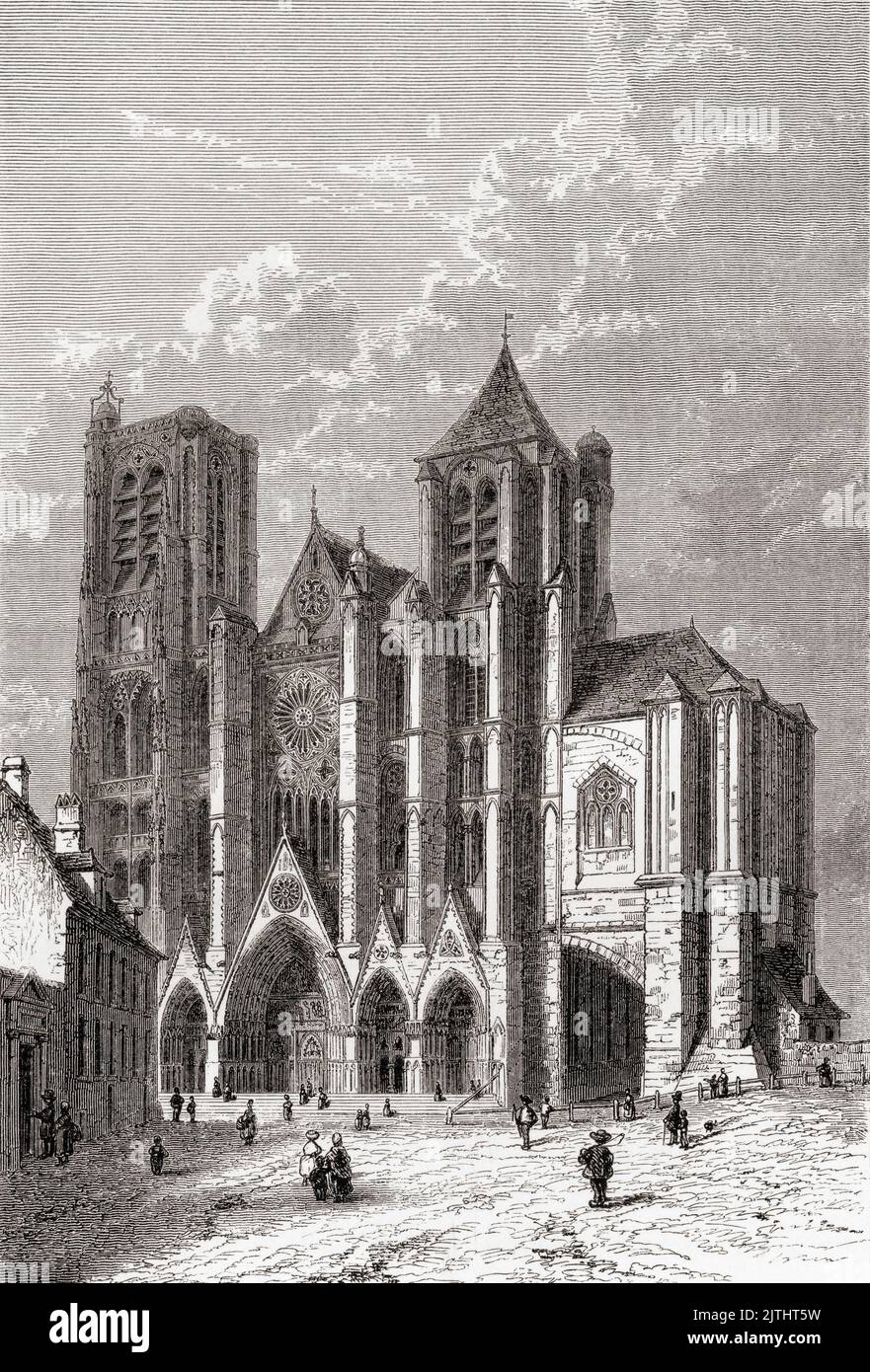 Cattedrale di Bourges, aka Santo Stefano di Bourges, Bourges, Francia, visto qui nel 19th ° secolo. La costruzione del chuch ha avuto luogo tra il 1195 e il 1230 ed è in stile architettonico alto gotico e romanico. Da Les Plus Belles Eglises du Monde, pubblicato nel 1861. Foto Stock