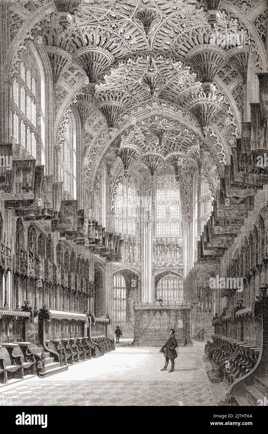Westminster Abbey, Westminster, Londra, Inghilterra. Vista interna del soffitto della Cappella di Enrico VII, visto qui nel 19th ° secolo. La cappella del 16th ° secolo si trova all'estremità orientale dell'Abbazia di Westminster. Da Les Plus Belles Eglises du Monde, pubblicato nel 1861. Foto Stock