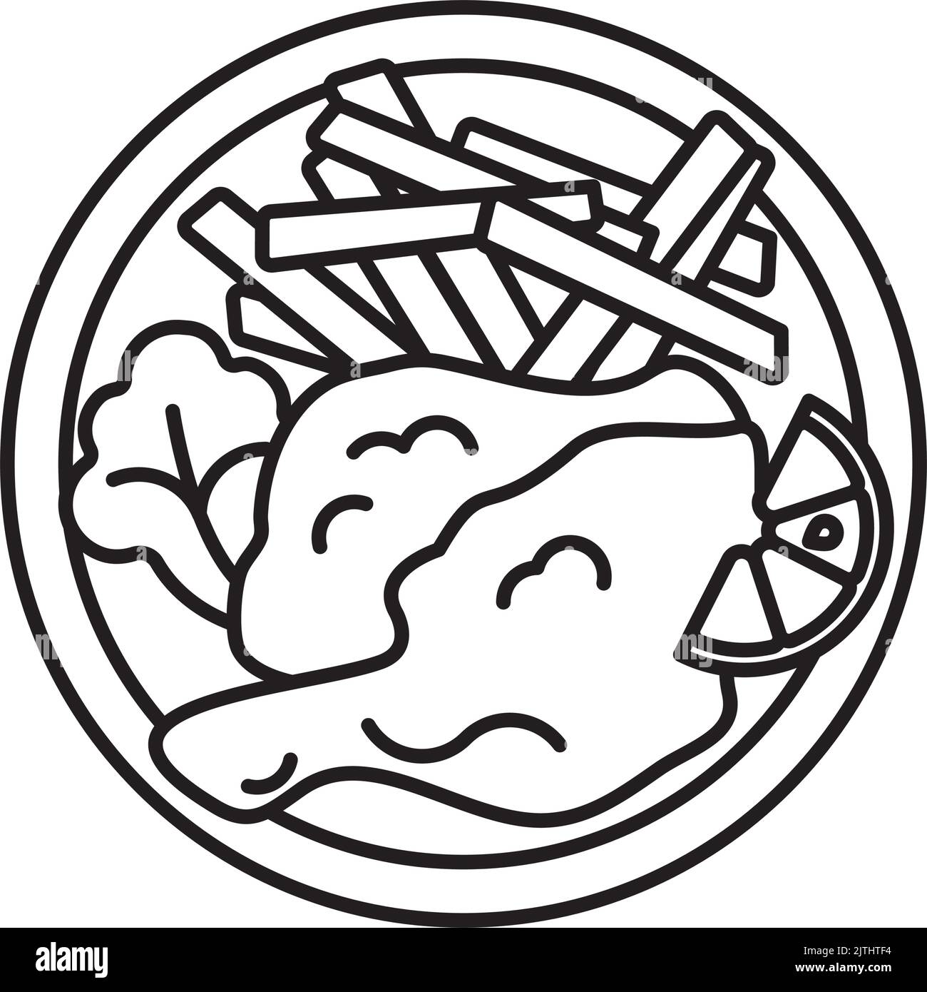 Wiener Schnitzel e patatine fritte su un piatto vettore linea icona, vista dall'alto Illustrazione Vettoriale