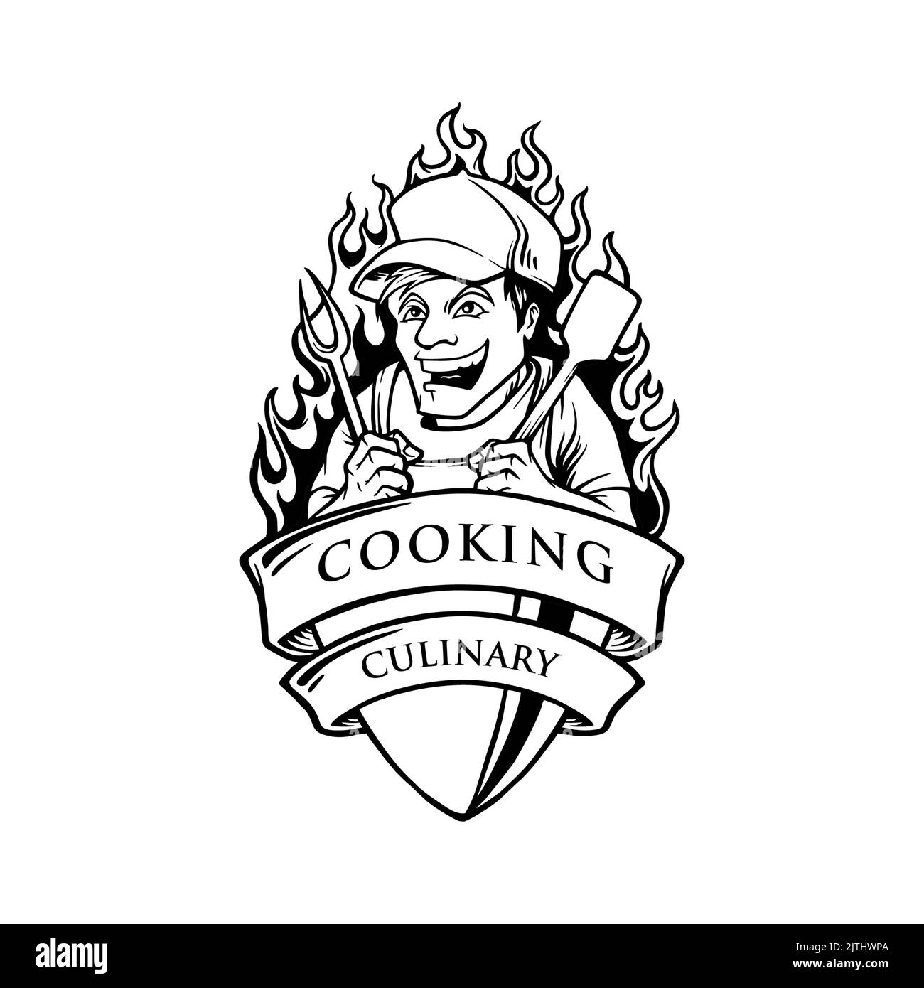 Cucino Chef Smile illustrazioni con nastro Vector illustrazioni per il tuo lavoro Logo, mascotte merchandise t-shirt, adesivi e disegni di etichette, posta Foto Stock