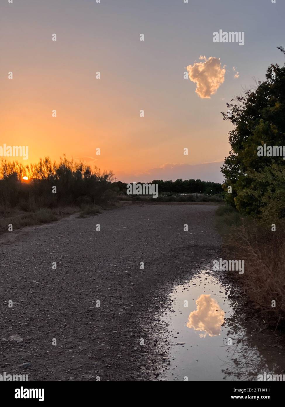 Foto artistica di una nuvola riflessa sulla pozza della pioggia al tramonto Foto Stock