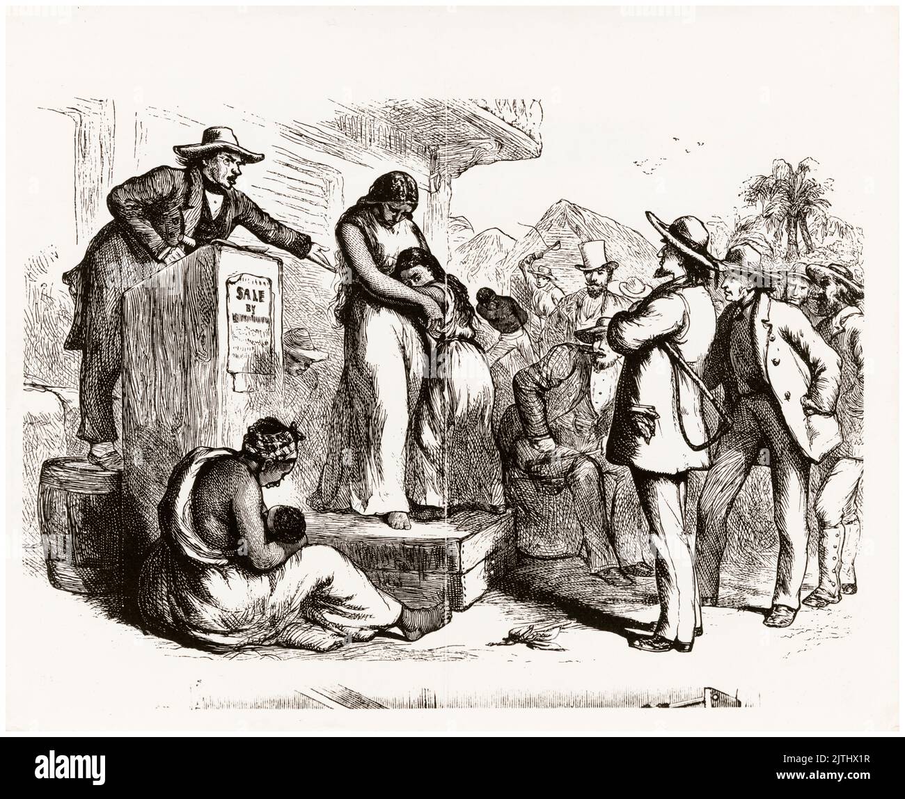Asta degli schiavi: Donna e bambino che sono messi all'asta ad un mercato degli schiavi in America durante gli anni di commercio degli schiavi, stampa prima del 1899 Foto Stock