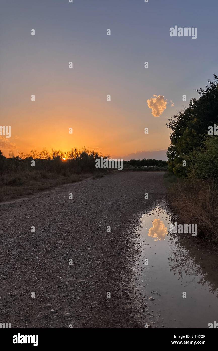 Foto artistica di una nuvola riflessa sulla pozza della pioggia al tramonto Foto Stock
