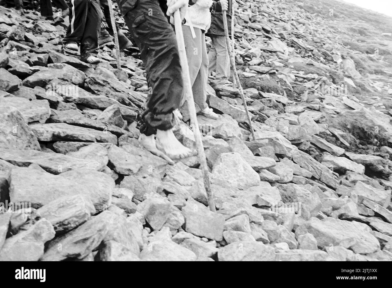 Film in bianco e nero di 'Reek Sunday', un pellegrinaggio guineante su Croagh Patrick, County Mayo l'ultima domenica di luglio di ogni anno, per visitare il luogo in cui San Patrizio ha soggiornato per 40 giorni, e da dove si dice che abbia bandito le lucertole e i serpenti dall'Irlanda. Foto Stock