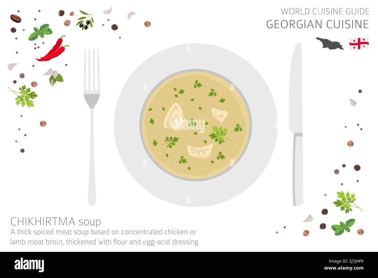 Guida di cucina mondiale. Cucina georgiana. Zuppa di Chikhirtma isolata su bianco, infografica. Illustrazione vettoriale Illustrazione Vettoriale