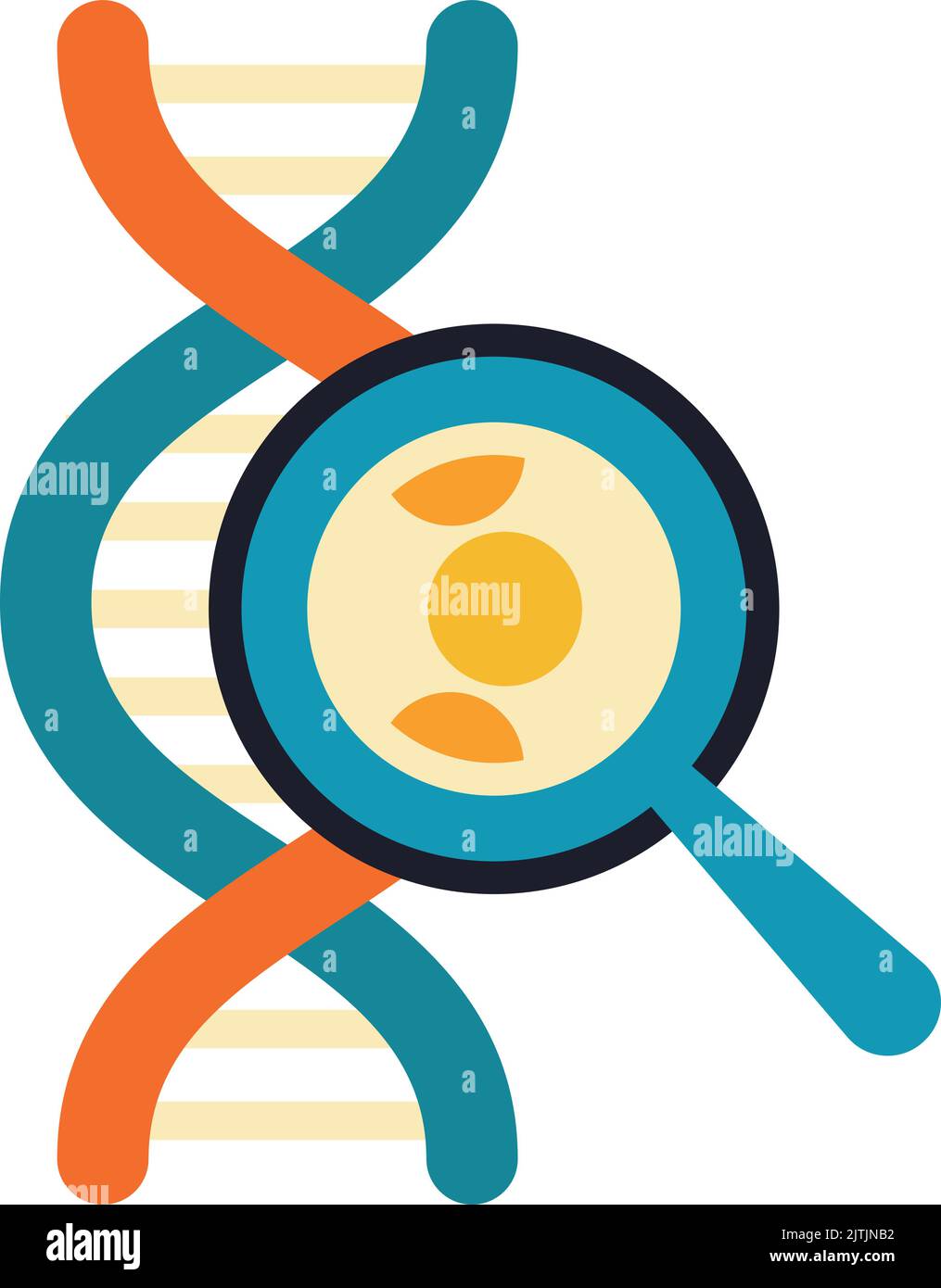 Ricerca genetica icona. Spirale DNA con lente di ingrandimento Illustrazione Vettoriale