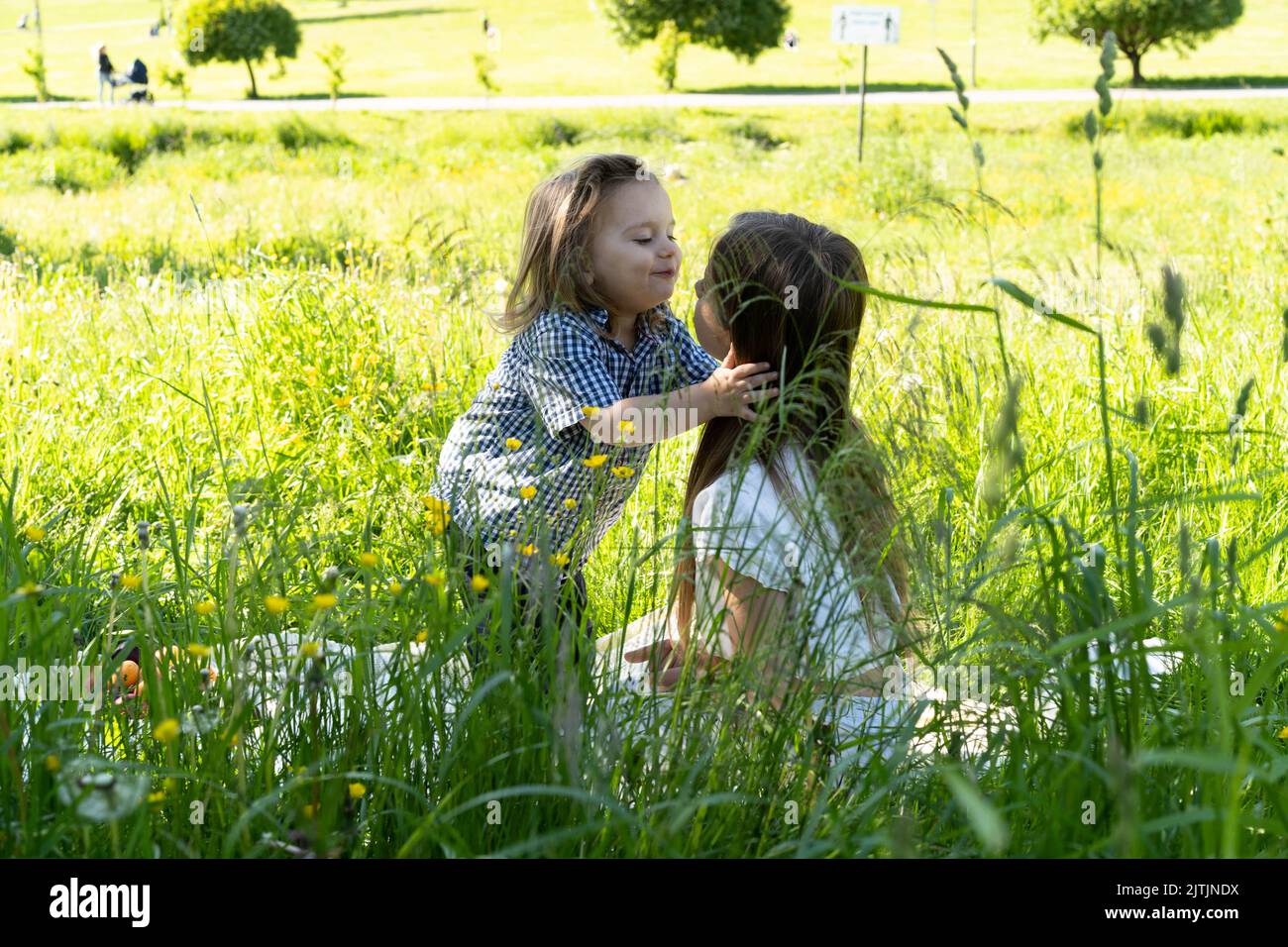 Fratello e sorella stanno giocando iand baciando il parco fra l'erba verde. I bambini abbracciano strettamente. Picnic fuori città. Infanzia. Relazioni. Foto Stock