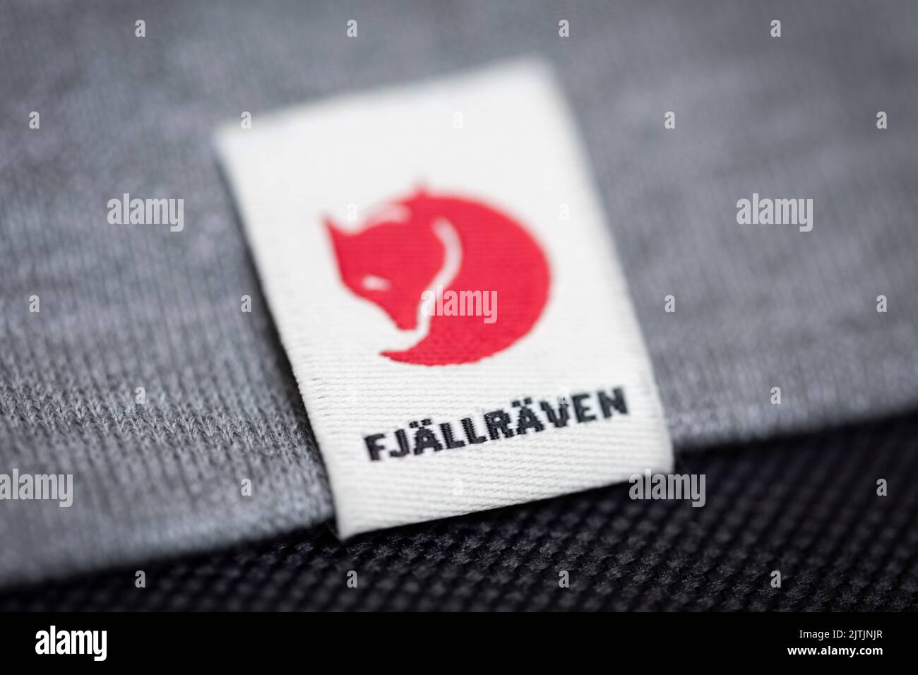 Immagine ravvicinata dell'etichetta Fjallraven come appare su un prodotto. Foto Stock