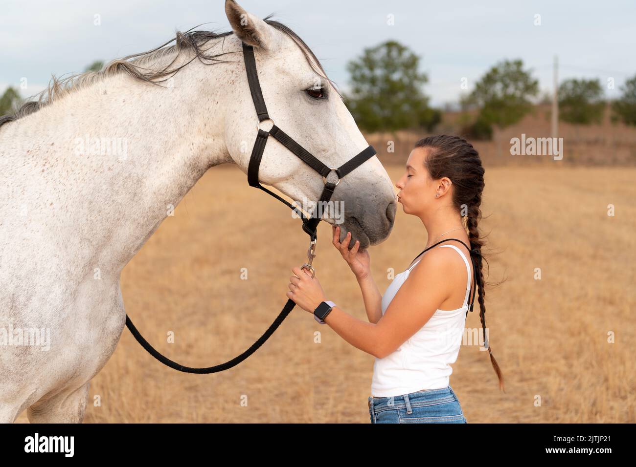 Bella giovane ragazza baciare la museruola di un cavallo bianco in un campo di fattoria in estate Foto Stock