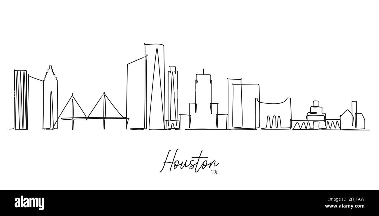 Disegno a linea continua singolo dello skyline della città di Houston USA. Famoso panorama dei grattacieli della città. Mondo viaggio cartolina home decor muro arte poster stampa c Illustrazione Vettoriale