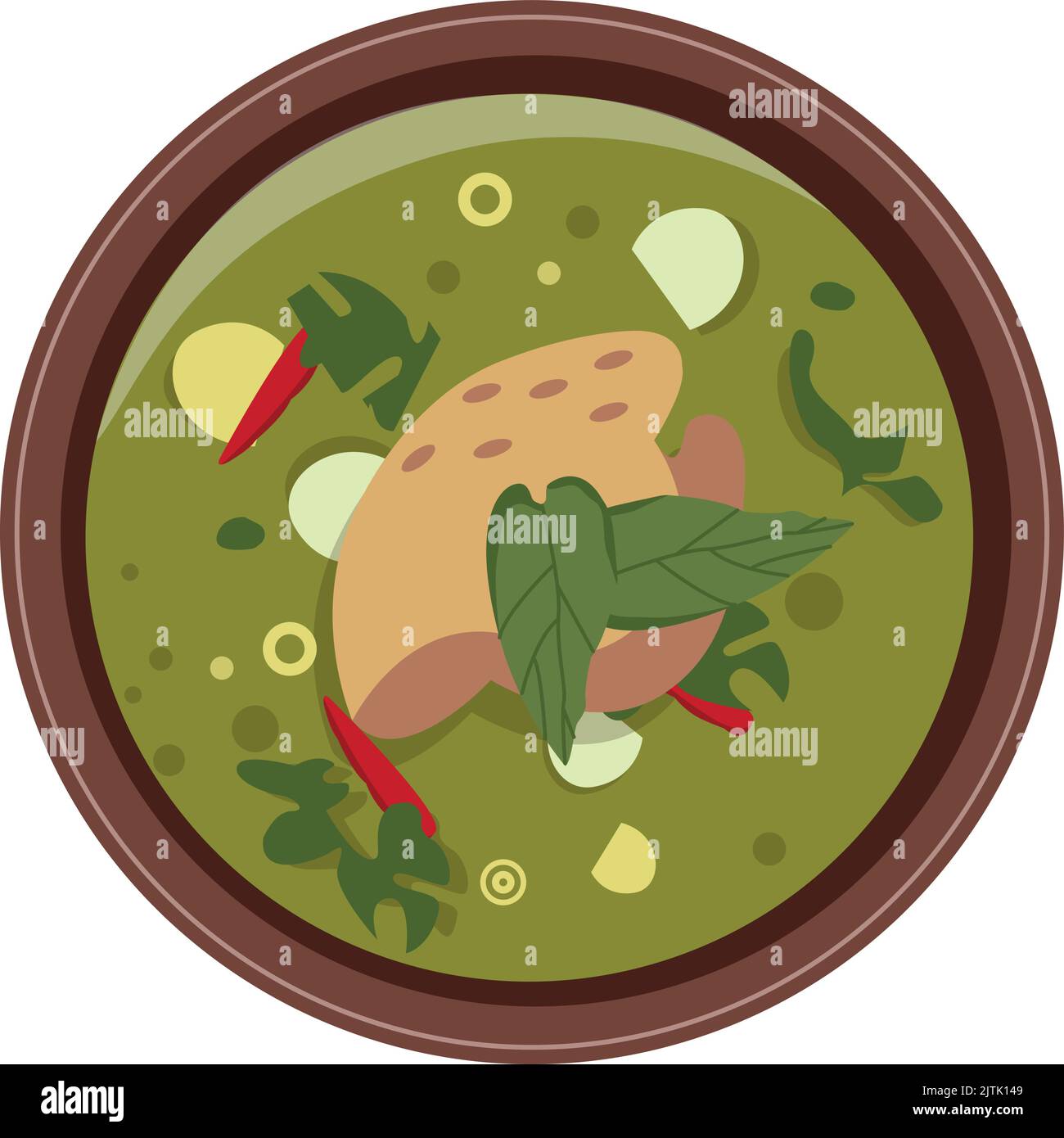 Icona verde di curry di pollo. Piatto tailandese vista dall'alto Illustrazione Vettoriale