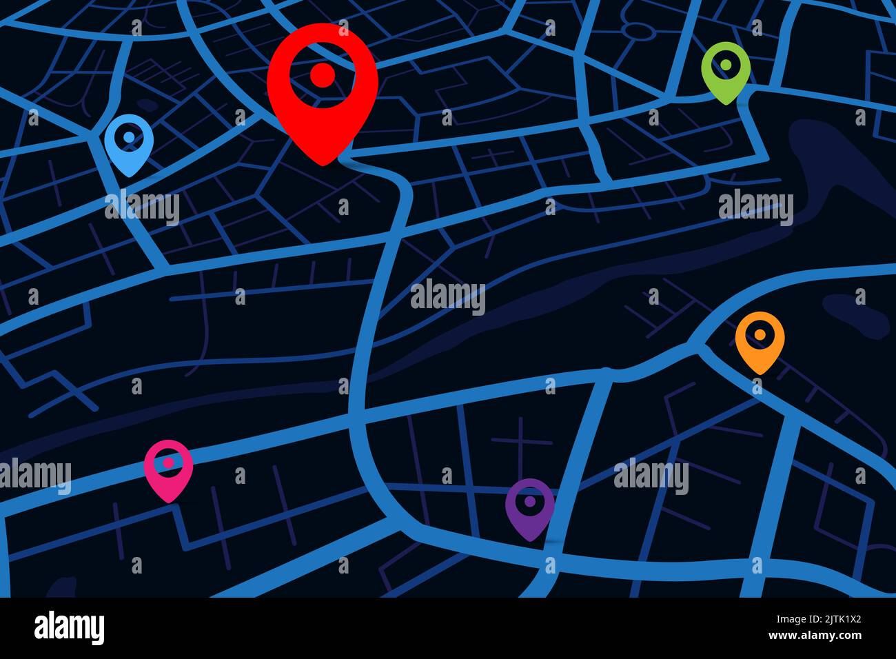 Mappa 3D con punto di destinazione, aereo pulito vista dall'alto della mappa della città con strada e fiume, mappa vuota immaginazione urbana, mappa GPS navigatore co Foto Stock